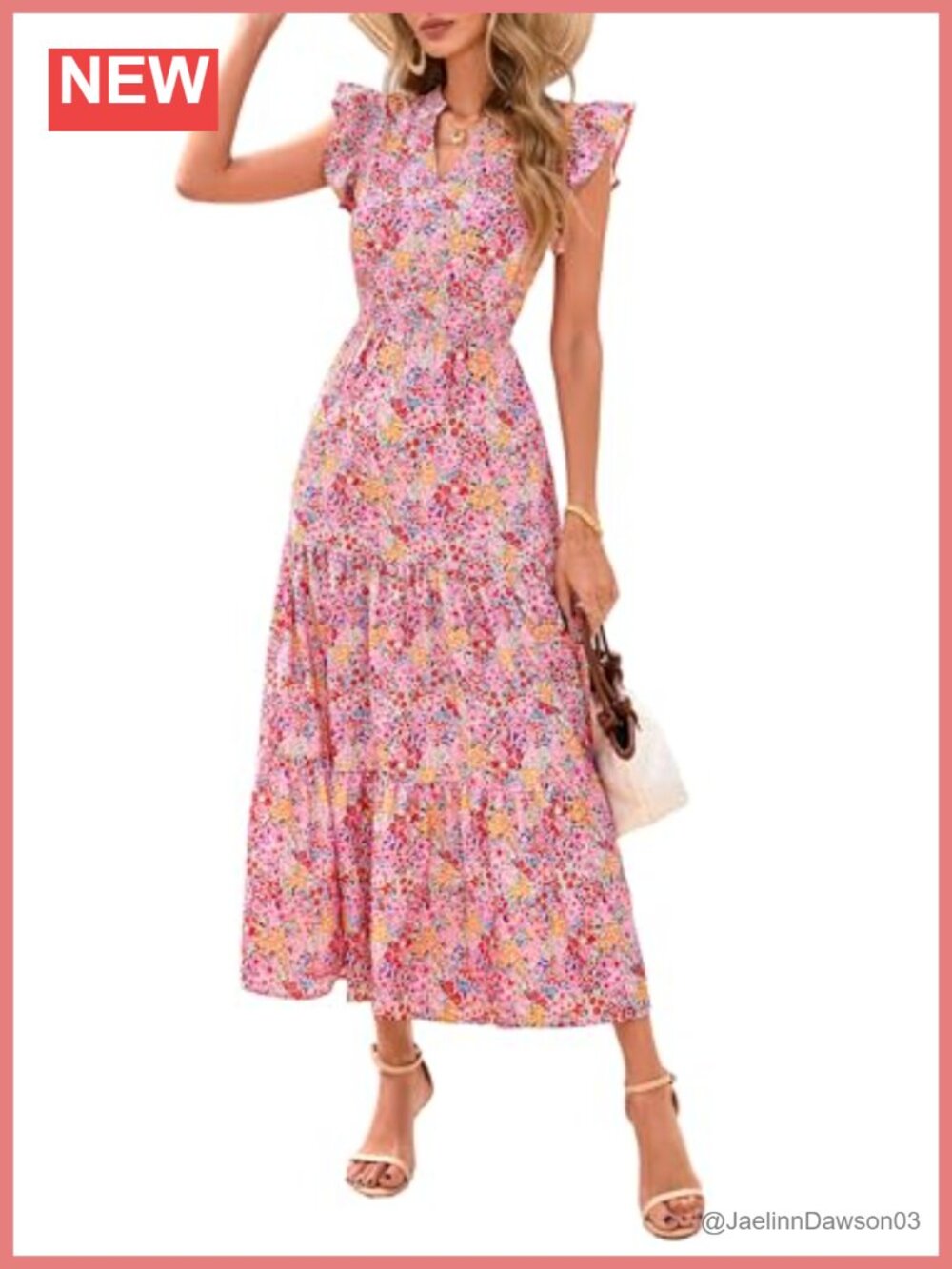 Boho Floral Flowy Midi Dress with Cap Sleeves & Pockets for Women